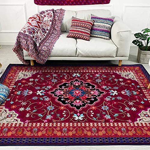 GUGJHFVH Teppich läufer Flur Wohnzimmer, Schlafzimmer rutschfest Waschbar，Vintage purpurrotes Blumenmuster，90 x 120 cm von GUGJHFVH