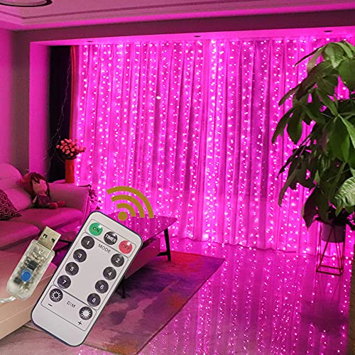 GUOCHENG Kupfer-Lichterkette für Vorhänge, LED-Lichterkette, 3 m x 5 m, USB-betrieben, Fenster-Lichterkette mit Fernbedienung, für Zuhause, Schlafzimmer, Terrasse, Innen- und Außenbereich, Rosa von GUOCHENG