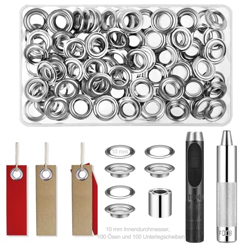 Ösen Werkzeug Kit, 100 Sets Grommet Werkzeug Kit, Ösen Grommet Werkzeug Kit 10mm, Tülle Ösen Scheiben, mit 3tlg Werkzeugset, mit Aufbewahrungsbox, für Schuhe, Gepäck, Leder, Plane, Zelte, Markisen von GVPOELR