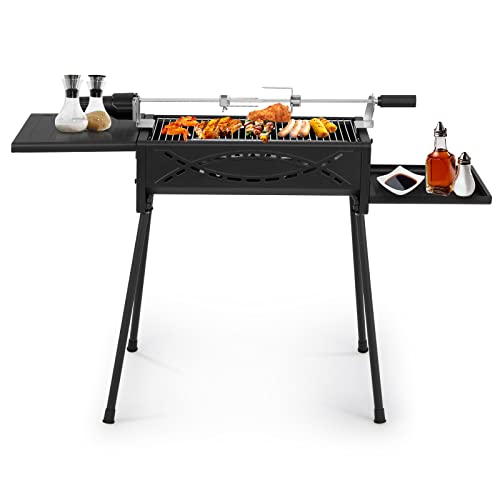 GYMAX Holzkohlegrill BBQ Grill mit elektrische Grillgabel Tragbarer Campinggrill Standgrilll mit abnehmbaren Ablagen & Beinen 107 x 24,5 x 75 cm von GYMAX