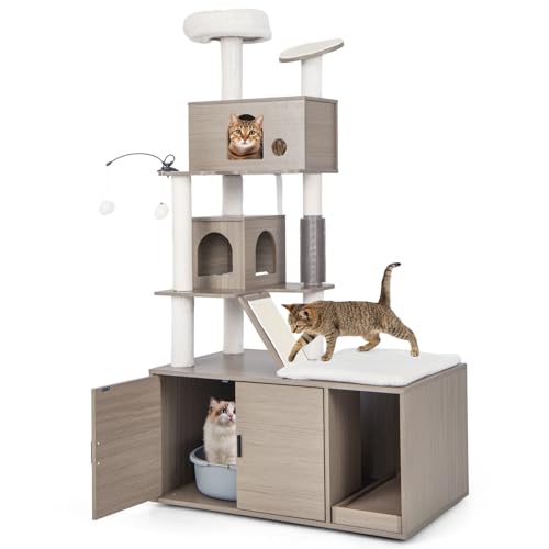 GYMAX Kratzbaum mit Katzenschrank, mehrstufiger Katzenaktivitätsbaum mit Höhle, Sisalkratzmatten & Abnehmbarer Kissen, Katzenbaum, Katzenmöbel für Wohnzimmer (95 x 55,5 x 173 cm) von GYMAX