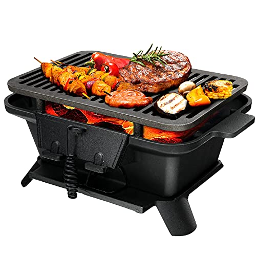 GYMAX Tragbarer Campinggrill, Holzkohlegrill Barbecue Grill aus Gusseisen, kleiner Reisegrill Picknickgrill, 40 x 27 x 18 cm, für Picknick, Reisen, Garten, Camping, Schwarz von GYMAX