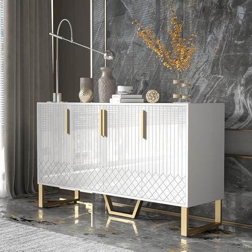 GYNGTLC Hochglanz-Sideboard, 4 Türen, Metallgriffe und -Beine, geometrisches Design in Weiß, 140L*40B*80H GYNGTLC Hochglanz-Sideboard, 4 Türen, Metallgriffe und -Beine, geometrisches Design in Weiß, 140L*40B*80H von GYNGTLC