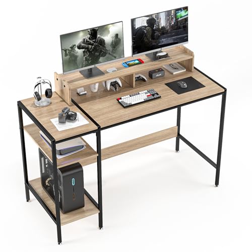 GZSHIYITECH 119,9 cm Gaming-Schreibtisch/Computertisch, Home-Office-Schreibtisch mit Monitorständer, Schreibtisch für 2 Monitore, grauer Schreibtisch, verstellbarer Stauraum, fester und praktischer von GZSHIYITECH