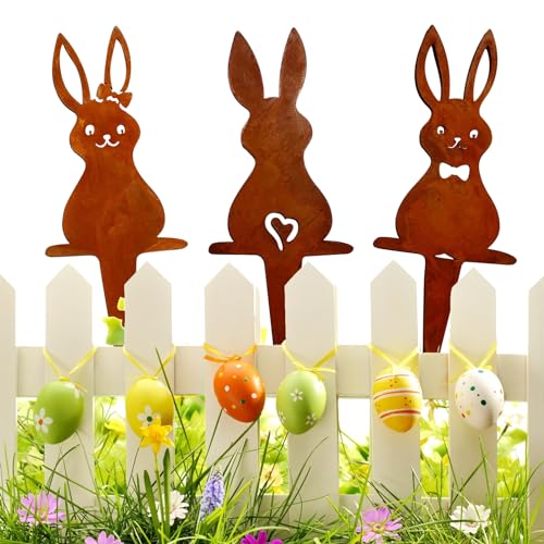 GZWY Osterhasen Gartenstecker 3 Stück Ostern Rost Deko Gartendeko für Draußen, Figuren Blumenstecker Frohe Ostern Gartendeko für Ostern Deko Rostdeko Gartendeko (3 PCS) von GZWY