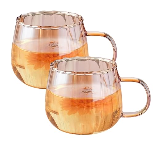 Kürbis Tasse Halloween Tasse, 2 Stück 350ml Latte Macchiato Gläser Kaffeetassen,Die Bürotassen Glastassen Mit Griffen Klare Kaffeetassen für Latte,Cappuccino (Gold) von GZWY