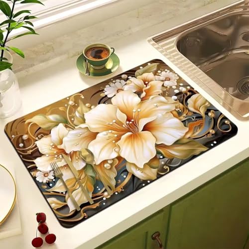 Abtropfmatte Beige Blumen Spülbeckenmatte Für Geschirr,Umweltfreundlich,Hitzebeständig,Rutschfest,Wasserfiltermatte,Starke Wasseraufnahme,Leicht Zu Reinigen,40 X 60 Cm von Gambo