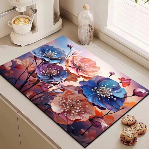 Abtropfmatte Bunte Blumen Super Saugfähig, Rutschfest Schnelltrocknend Mit Schmutzabweisender Gummisohle Abtropfmatte Spüle Für Küche, Kaffeemaschine, Besteck, Gläser,30 X 40 Cm von Gambo