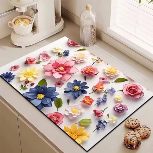 Abtropfmatte Bunte Blumen Super Saugfähig, Rutschfest Schnelltrocknend Mit Schmutzabweisender Gummisohle Abtropfmatte Spüle Für Küche, Kaffeemaschine, Besteck, Gläser,30 X 40 Cm von Gambo