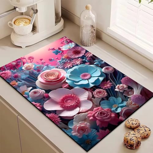 Abtropfmatte Geschirr Bunte Blumen Fast Drying Mat, Spülmatte Küchenunterlage Waschbar Faltbar, Saugstarke Fleck Verstecken Barmatte, Rutschfeste Unterlage Für Kaffeemaschine, Küche von Gambo