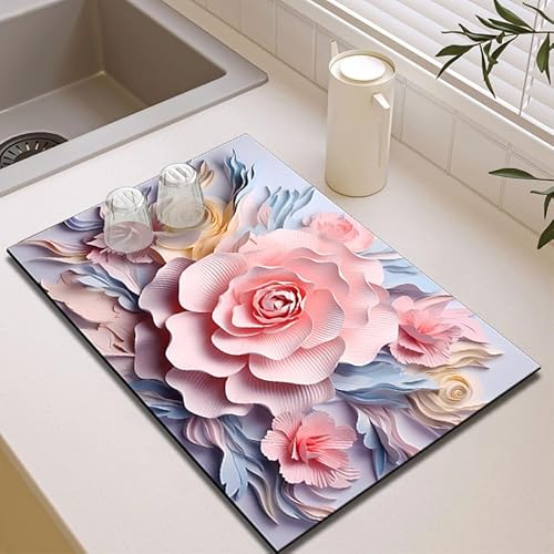 Abtropfmatte Geschirr Rosa Blumen Fast Drying Mat, Spülmatte Küchenunterlage Waschbar Faltbar, Saugstarke Fleck Verstecken Barmatte, Rutschfeste Unterlage Für Kaffeemaschine, Küche von Gambo