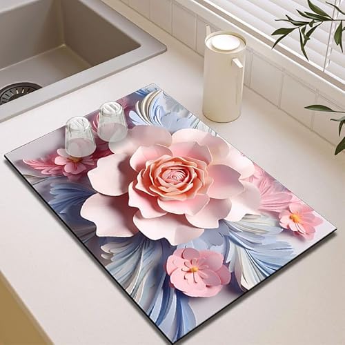 Abtropfmatte Rosa Blumen Super Saugfähig, Rutschfest Schnelltrocknend Mit Schmutzabweisender Gummisohle Abtropfmatte Spüle Für Küche, Kaffeemaschine, Besteck, Gläser,30 X 40 Cm von Gambo