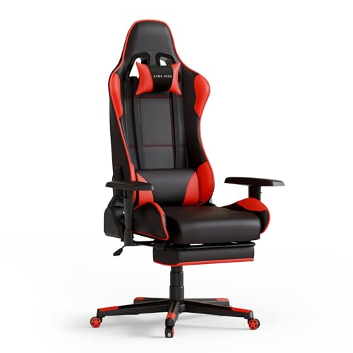 Game Hero Gaming-Stuhl inkl. Fußstütze und Liegefunktion, Bürostuhl ergonomisch mit Nacken- und Hüftkissen, Schreibtischstuhl aus PU-Leder, Gaming Chair bis max. 130 kg - Winner X1 Rot von Game Hero