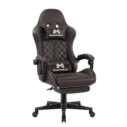Gamtimer Gaming-Stuhl mit Fußstütze, ergonomischer, verstellbarer Rückenlehne, 4D-Sitzkissen und Kopfstütze für Schleudertrauma-Schutz, PU-Leder, 360 Grad drehbar, geeignet für Erwachsene, Braun von Gamtimer