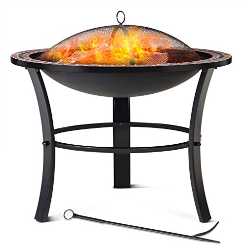 GARDEBRUK® Feuersschale Fuoco mit Funkenschutz Ø76cm Schürhaken Abdeckung Mosaik Rund Garten Terrasse Feuerstelle Feuerkorb Kamin Ofen Holz Grill von Gardebruk