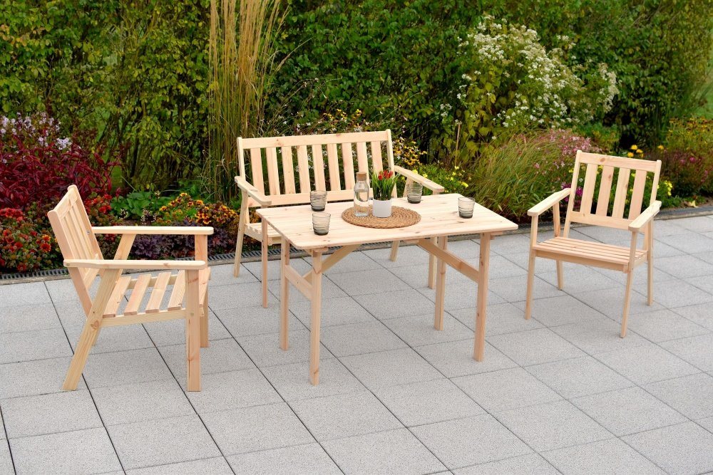Gartenmöbel Ambiente Garten-Essgruppe Norderney Set 4tlg., (Spar Set, 2 Sessel, 1 Bank, 1 Tisch) von Gartenmöbel Ambiente