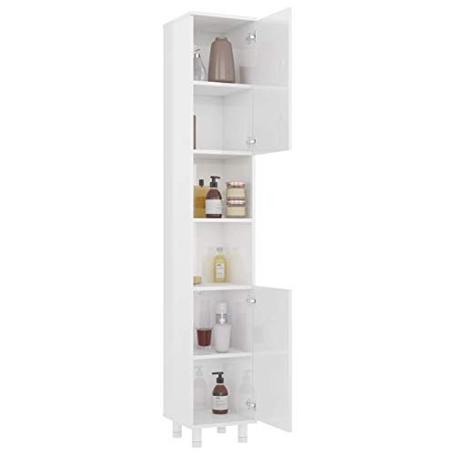 Gecheer Badezimmerschrank mit 6 Fächer und 2 Türen Hochschrank Badschrank Badregal Badmöbel Schrank Badezimmer Regal Holzwerkstoff Hochglanz-Weiß 30x30x179 cm von Gecheer