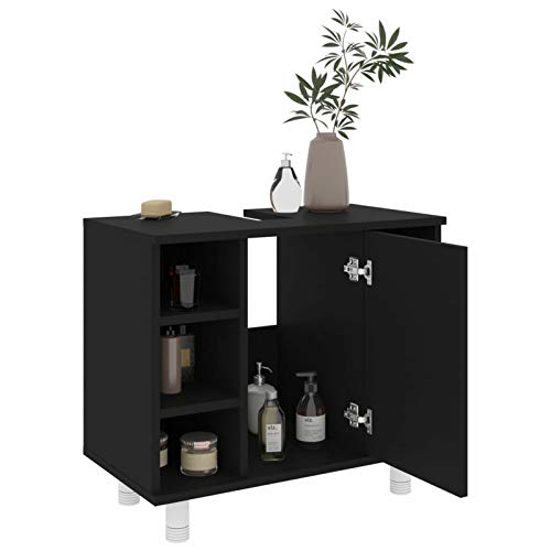 Gecheer Badezimmerschrank mit 7 Fächer und 1 Tür Unterschrank Badschrank Badregal Badmöbel Schrank Badezimmer Regal Holzwerkstoff Schwarz 60x32x53,5 cm von Gecheer