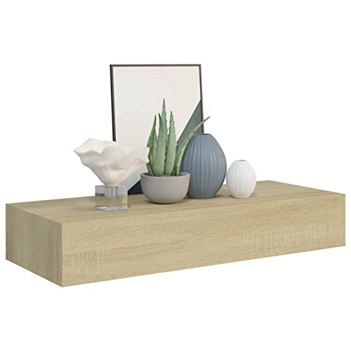 Gecheer Wand Schubladenregal Wandschublade Schweberegal Hängeregal Wandschrank Wandboard Wandregal mit Schublade Eichenoptik 60x23,5x10cm MDF von Gecheer