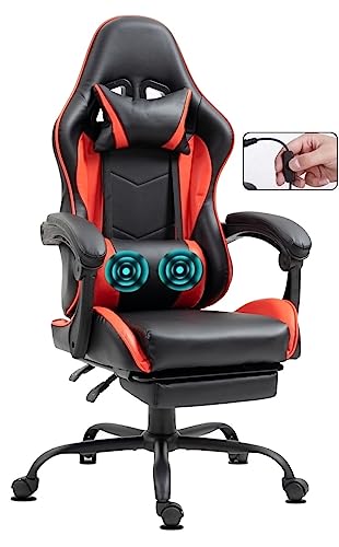 Delman Bürostuhl Gaming Stuhl Massagefubnktion USB Gaming Sessel Ergonomischer Gamer Stuhl mit Fußstütze Kopfstütze Massage-Lendenkissen Gaming Chair Drehsessel 02-0042 (Rot) von Gemani