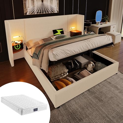 Polsterbett mit Nachttisch Leselampe, USB Type-C Ladefunktion Doppelbett mit Lattenrost aus Massivholz und Metall Bettanlage Stauraumbetten Bettkasten Gästebett Beige Cordstoff mit Matratze 160x200 Polsterbett mit Nachttisch Leselampe, USB Type-C Ladefunktion Doppelbett mit Lattenrost aus Massivholz und Metall Bettanlage Stauraumbetten Bettkasten Gästebett Beige Cordstoff mit Matratze 160x200 von Generic