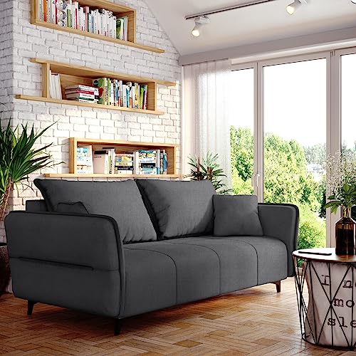 Sofa Isabell mit Bettkasten Schlafsofa Polstersofa mit Schlaffunktion Klappsofa Couch mit Schwarzen Füßen Sofagarnitur Wohnzimmer Gastzimmer (Sofa, Grafit) von Generic