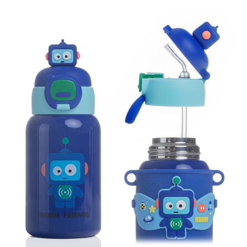 Warm Friends - Kinder-Thermosflasche aus Edelstahl | Isolierflasche für Kinder | BPA-freie Trinkflasche mit Strohhalm | Ideal für Kindergarten & Schule | Auslaufsicher (Blau) von Generic