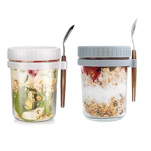 2er Set Müslibecher to go mit Deckel & Löffel 350ml Overnight Oats Gläser Mason Jars mit Messmarkierung Luftdicht Behälter für Jogurt Müsli Salat Früchte von Generisch