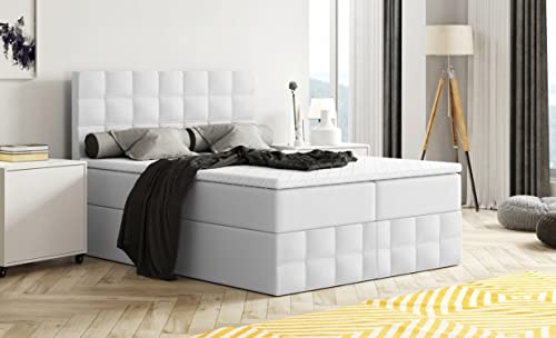 Moderne Boxspringbett MERA Premium Bett mit Bettkasten Ziernähten Bonell Matratze H3 Federkern Topper Polsterbett Doppelbett Schlafzimmer (Weiss - Madryt 120 (Kunstleder), 140 x 200) von Generisch