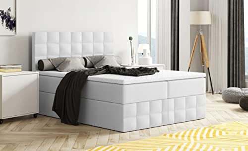 Moderne Boxspringbett MERA Premium Bett mit Bettkasten Ziernähten Bonell Matratze H3 Federkern Topper Polsterbett Doppelbett Schlafzimmer (Weiss - Madryt 120 (Kunstleder), 160 x 200) von Generisch