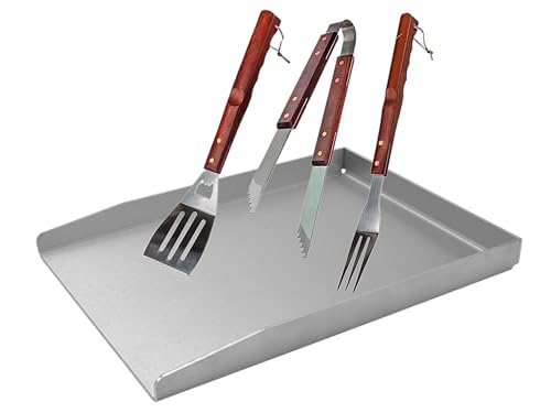 Werk24 Edelstahl Grillplatte mit Grillbesteck 30x40cm Massiv 4mm Stärke Plancha Grillschale für Gasgrill und Holzkohlegrill von Generisch