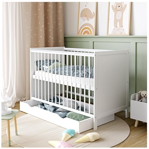 Generisch Baby Delux Babybett 60x120 cm weiß mit Schublade und Matratze Iva 3-Fach höhenverstellbar Massivholz Schlupfsprossen (ohne Matratze) von Generisch