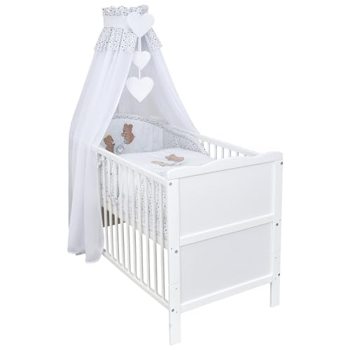 Generisch Baby Delux Babybett Komplett Set 9-TLG Kinderbett umbaubar zum Juniorbett 70x140 Matratze Jack Bettset Chiffonhimmel (Sternchen weiß) von Generisch