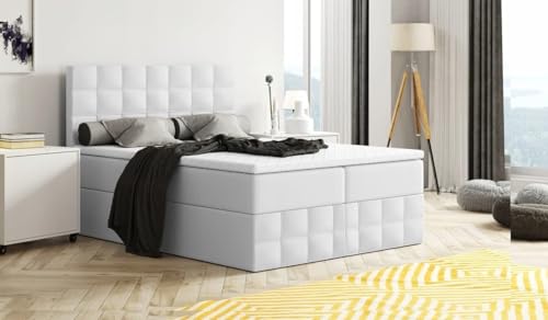 Generisch Moderne Boxspringbett MERA Premium Topper VISCO Bett mit Bettkasten Ziernähten Bonell Matratze H3 Federkern Polsterbett Doppelbett Schlafzimmer (Weiss - Madryt 120 (Kunstleder), 120x200) von Generisch