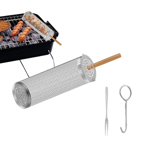 Grill Basket Round | Gemüse Grillkorb Edelstahl | Grillkorb Für Gemüse Kolibrin Grillrolle | Rollenset mit Griff, Gabel, Haken | Edelstahl Drahtzylinde Grillzubehör Set von Generisch