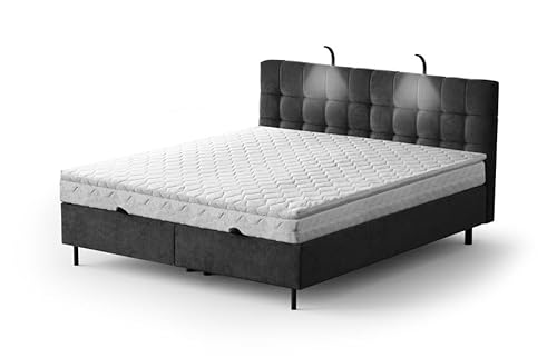Moderne Boxspringbett NUMA Bett mit Bettkasten Ziernähten Bonell Matratze H3 Federkern Polsterbett Doppelbett Schlafzimmer (Black - Aston 18, 180 x 200 cm) von Generisch