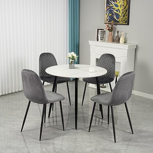 Modernes rundes Esstisch-Set für 490 cm großen weißen Marmortisch mit grauem Samt gepolsterten Stühlen, stilvolle Küche, Büro, Restaurant, Kneipe Modernes rundes Esstisch-Set für 490 cm großen weißen Marmortisch mit grauem Samt gepolsterten Stühlen, stilvolle Küche, Büro, Restaurant, Kneipe von Generisch
