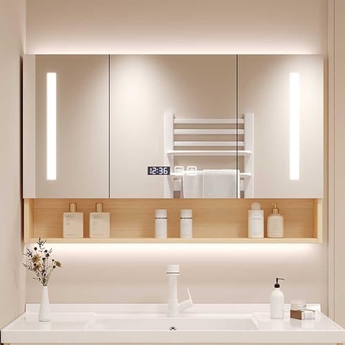 Wandmontierter Badezimmer-Schrank mit Spiegel, Anti-Beschlag-LED-Licht, 78 x 70 x 12 cm, Holz-Finish, Medizinschrank, platzsparend, für Toilettenartikel Wandmontierter Badezimmer-Schrank mit Spiegel, Anti-Beschlag-LED-Licht, 78 x 70 x 12 cm, Holz-Finish, Medizinschrank, platzsparend, für Toilettenartikel von Generisch