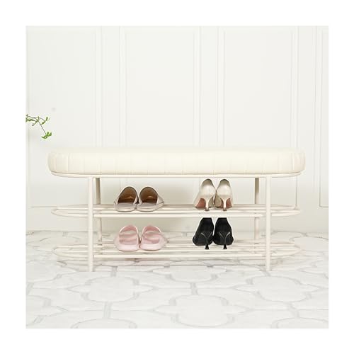 Weiße industrielle Eingangsbank mit Kissen und 2-stöckigem Schuhregal, Aufbewahrungsbank für Eingangsbereich, Schlafzimmer, Flur, 60 x 32 x 45 cm Weiße industrielle Eingangsbank mit Kissen und 2-stöckigem Schuhregal, Aufbewahrungsbank für Eingangsbereich, Schlafzimmer, Flur, 60 x 32 x 45 cm von Generisch