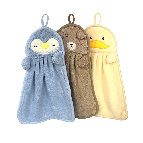 Handtücher für Kinder, Kinderhandtuch, Handtuch Set mit Aufhängerschlaufe Tiermotiv Saugfähig Schnell Trocknend für Badezimmer, Küchen 3 Stück (Khaki, Yellow, Blue) von Gentlepaw