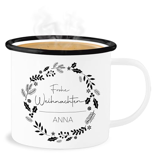 Emaille Becher Blechbecher - Weihnachtstasse - Frohe Weihnachten Wunschname - Kranz schwarz - 300 ml - Weiß Schwarz - weihnachtstassen christmas personalisierte weihnachtsmotiven name von Geschenk mit Namen personalisiert by Shirtracer