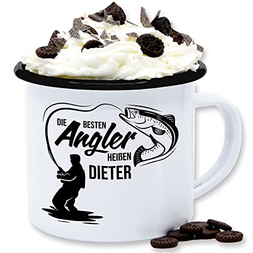 Emaille Tasse Blechtasse - Besten Angler - Vatertagsgeschenk Angeln Angelzubehör personalisiert mit Namen Angelgeschenkideen Geschenke für Angler Angel Geschenk für Männer Fischer - 300 ml - Weiß von Geschenk mit Namen personalisiert by Shirtracer