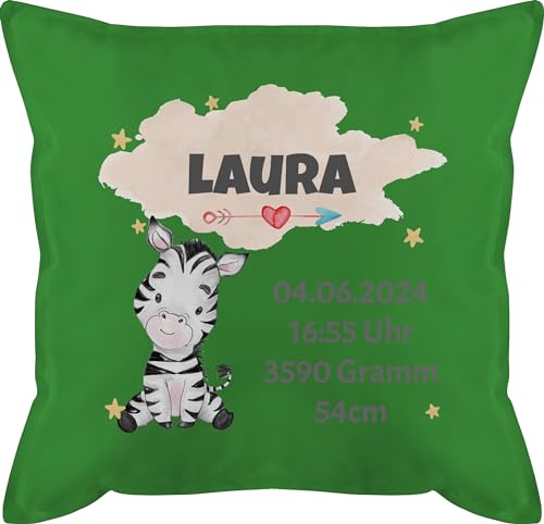 Kissen 50x50 - Zur Geburt - Zebra Geburtsdaten - Mädchen Datum Gewicht Uhrzeit Größe - 50 x 50 cm - Grün - personalisierte Baby Geschenke personalisiertes neugeborenen namenskissen von Geschenk mit Namen personalisiert by Shirtracer