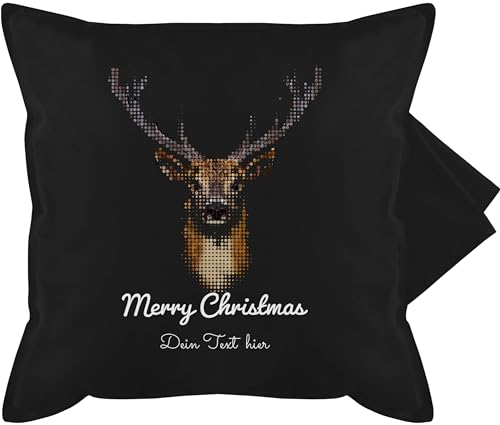 Kissenbezug - Weihnachtskissen Christmas Geschenke - Pixel Hirsch mit Wunschtext - 50 x 50 cm - Schwarz - weihnachtskissenbezug Weihnachts Weihnachten kissenbezüge weihnachtlicher weihnachtliche von Geschenk mit Namen personalisiert by Shirtracer