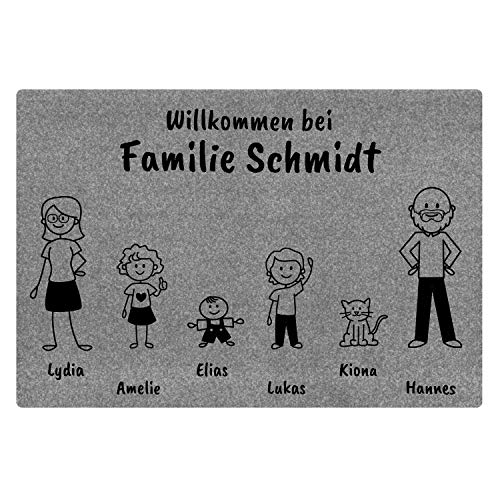 Geschenke 24 Fußmatte Comic Style grau (6 Figuren): Türmatte mit bis zu 6 Namen und unterschiedlichen Figuren - Herzlich Willkommen + Familienname, personalisiert für Innen- und Außenbereich von Geschenke 24