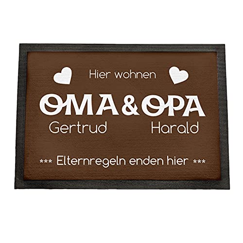 Geschenke 24 | Fußmatte personalisiert Elternregeln Enden Hier (braun - Oma&Opa, Mit Rand - 60x40cm) | Schmutzfangmatte für innen und außen | mit Wunschnamen Bedruckt | Eingangstür von Geschenke 24