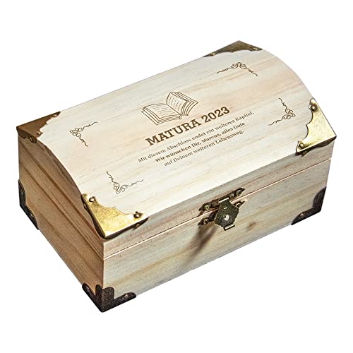 Geschenke 24 | Holz-Schatztruhe zum Schulabschluss personalisiert (Matura,groß) | mit Jahreszahl und Wunschtext graviert | Schatzkiste | Geldgeschenk für Mädchen und Jungen | von Geschenke 24