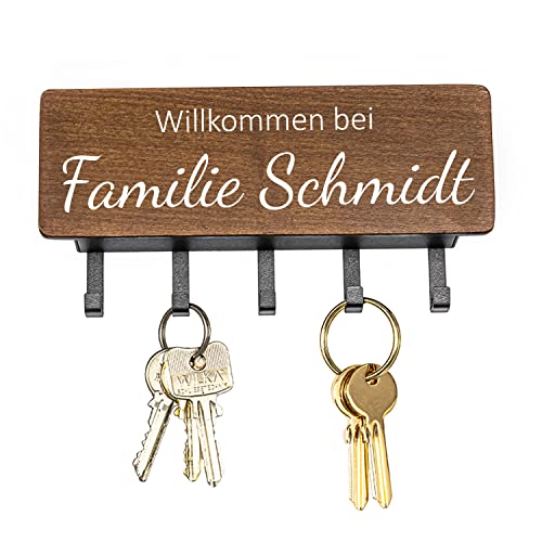 Geschenke 24 | Schlüsselbrett personalisiert aus Holz zum Aufhängen (Familienname) | mit Wunschnamen bedruckt | Dekogeschenk | mit 5 Haken | Geschenkidee zum Einzug von Geschenke 24