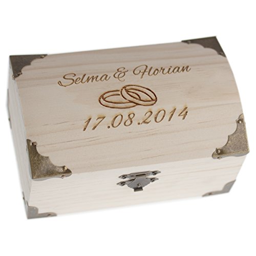 Geschenke 24 Schatzkiste zur Hochzeit als personalisiertes Hochzeitsgeschenk für das Brautpaar I Groß I Ringe I Verpackung für Geldgeschenk I Spardose mit Gravur von Geschenke 24