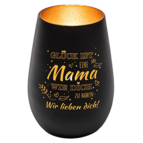 Windlicht aus Glas mit Wunschtext für Mama| Dekogeschenk | personalisiert | Kerzenhalter | Teelichtglas | Teelichthalter | Liebesgeschenk | Muttertagsgeschenk (Schwarz/Gold) von Geschenke 24